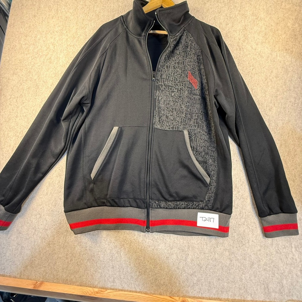 Volcom Epidermis Mens Track Jacket Black Grey Script Full Zip Skate Large
